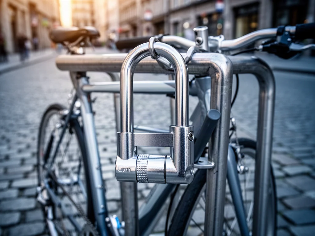 Solidne zapięcie typu U-lock zabezpieczające rower przypięty do metalowego stojaka na miejskiej ulicy.