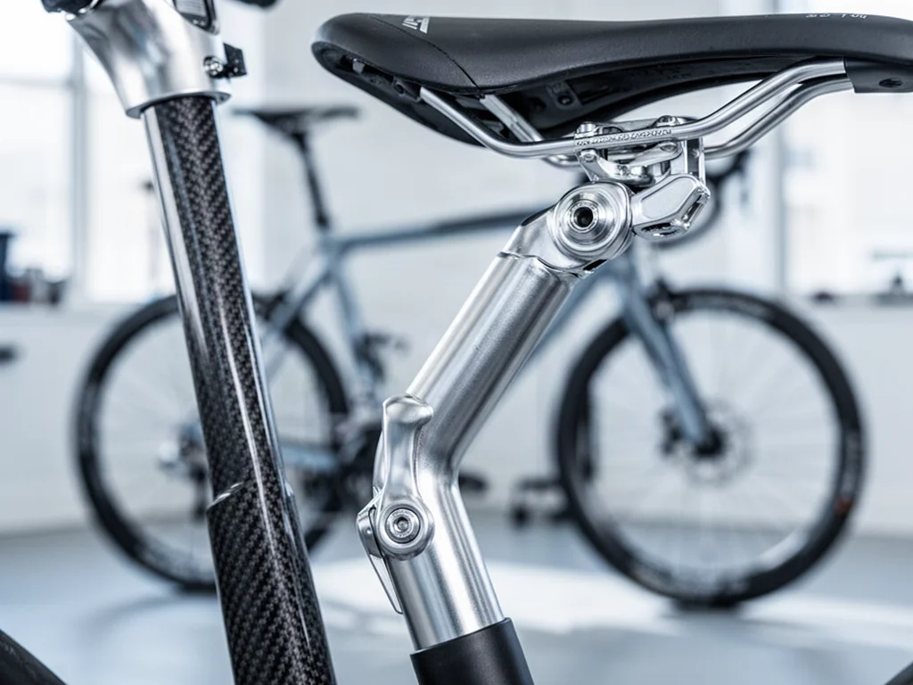 Zbliżenie na nowoczesną sztycę rowerową z widocznym mechanizmem mocowania i fakturą włókna węglowego w profesjonalnym warsztacie.