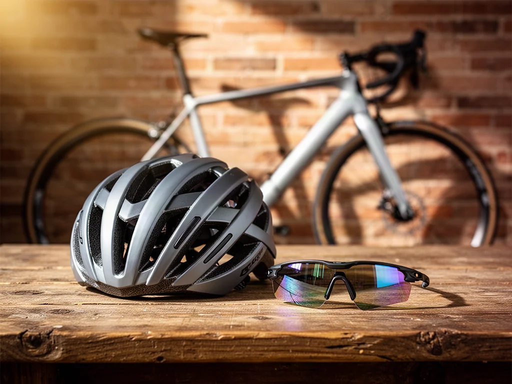 Profesjonalny kask rowerowy i okulary na drewnianym stole, stanowiące inspirację na prezent dla kolarza.