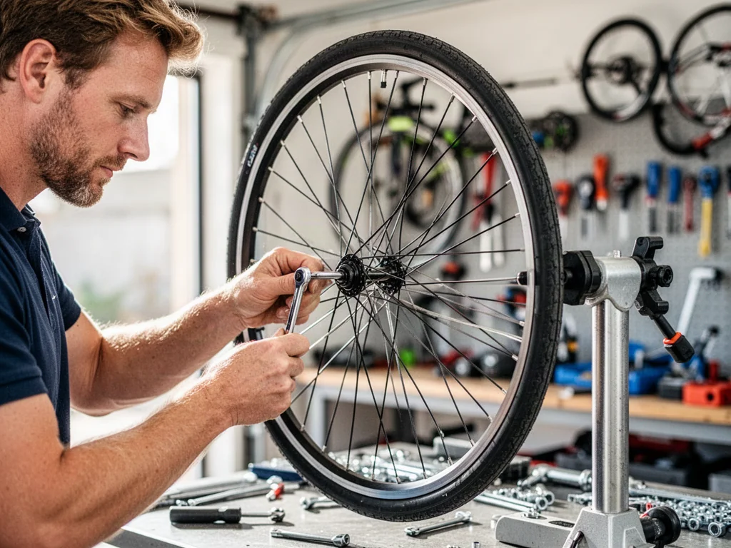 Mechanik rowerowy precyzyjnie naciąga szprychy w kole umieszczonym na stojaku serwisowym, dbając o jego idealne wycentrowanie.