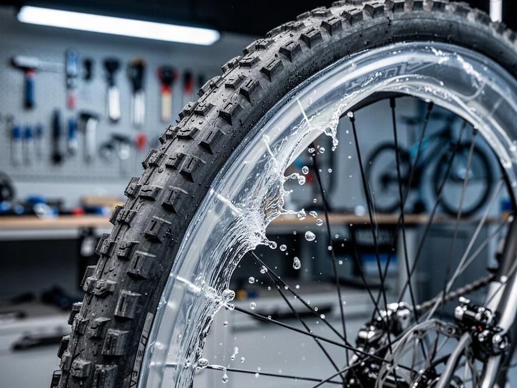 Zbliżenie na oponę rowerową z widocznym wewnątrz uszczelniaczem, ilustrujące działanie systemu bezdętkowego.