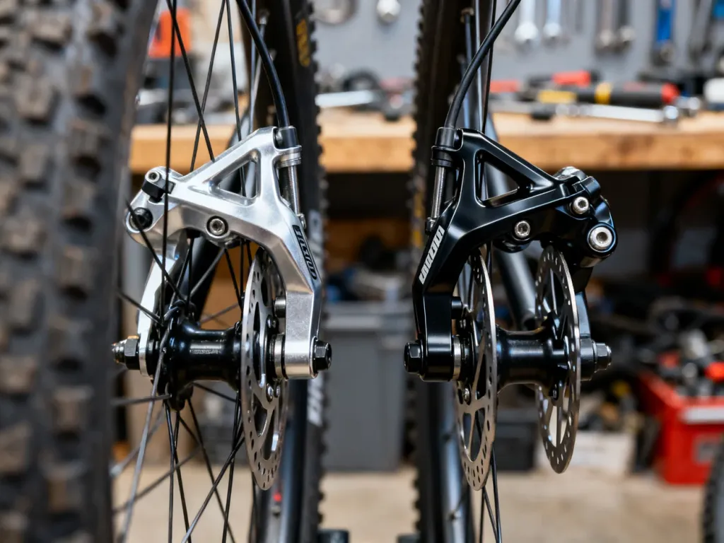 Porównanie zacisków hamulców tarczowych Shimano i Avid zamontowanych na ramach rowerowych w profesjonalnym warsztacie.