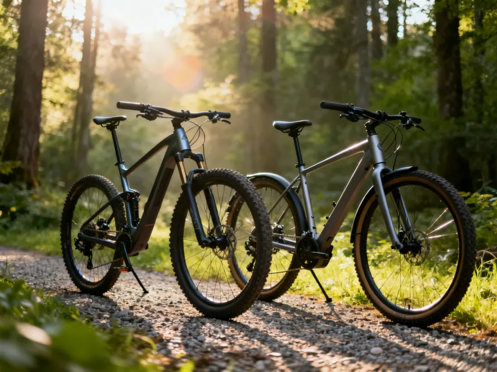 Dwa nowoczesne rowery górskie zaparkowane na leśnej ścieżce, prezentujące różnorodność modeli marek Kross i Unibike.