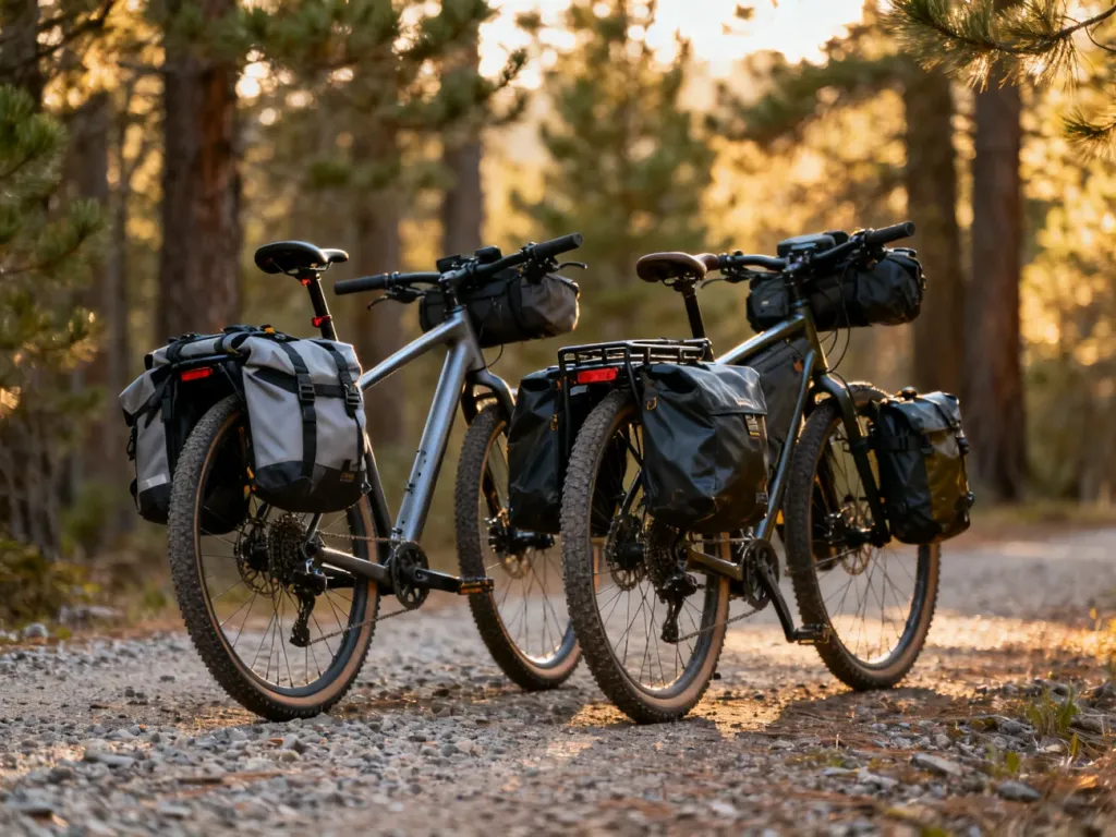 Porównanie roweru z torbami bikepackingowymi oraz roweru z tradycyjnymi sakwami na leśnej ścieżce.