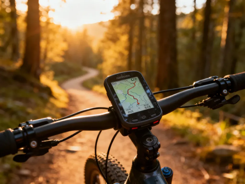 Profesjonalna nawigacja rowerowa zamontowana na kierownicy z widoczną trasą GPS na tle słonecznego, leśnego szlaku.