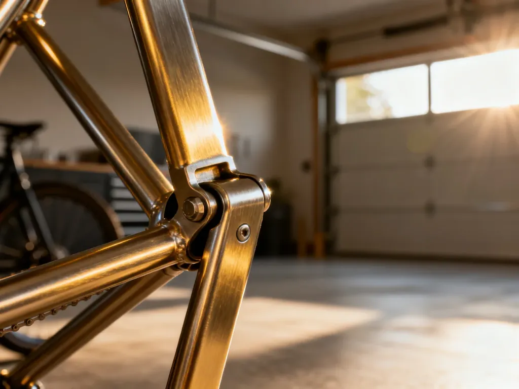 Zbliżenie na aluminiowy zawias ramy roweru składanego w słonecznym garażu. Detal podkreślający jakość mechanizmu składania.