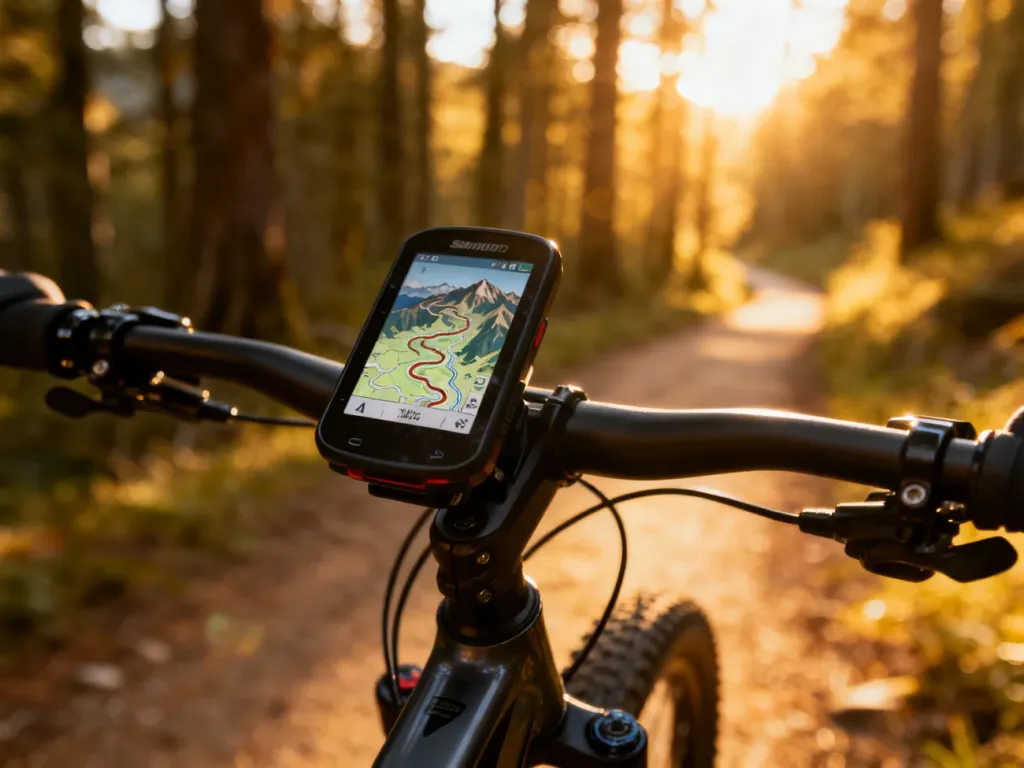 Nawigacja rowerowa z widoczną mapą szlaków górskich zamontowana na kierownicy roweru w słonecznym lesie.