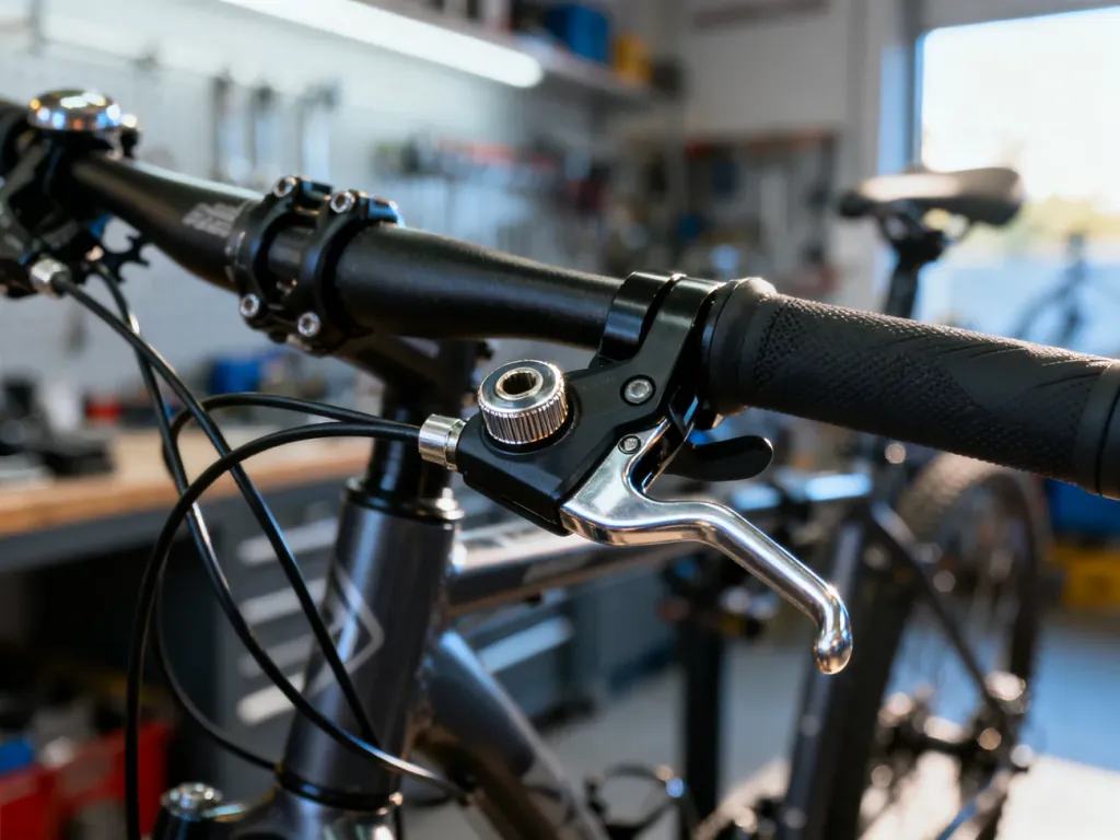 Zbliżenie na mechanizm manetki przerzutki rowerowej z widoczną śrubą baryłkową służącą do precyzyjnej regulacji naciągu linki.