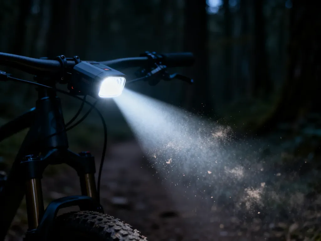 Mocna lampka rowerowa oświetlająca ciemną leśną ścieżkę podczas nocnej jazdy.