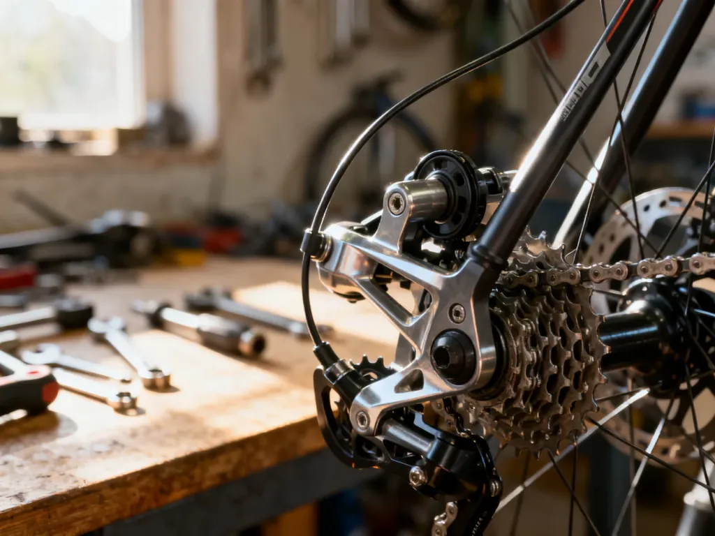 Zbliżenie na mechanizm tylnej przerzutki rowerowej w warsztacie, ukazujące detale konstrukcyjne i linkę napinającą.