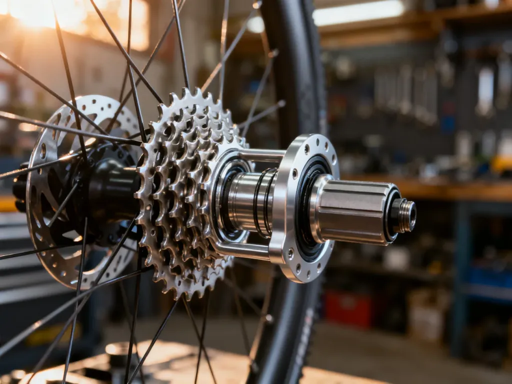 Zbliżenie na precyzyjny mechanizm wewnętrznej przerzutki w piaście rowerowej w profesjonalnym warsztacie.