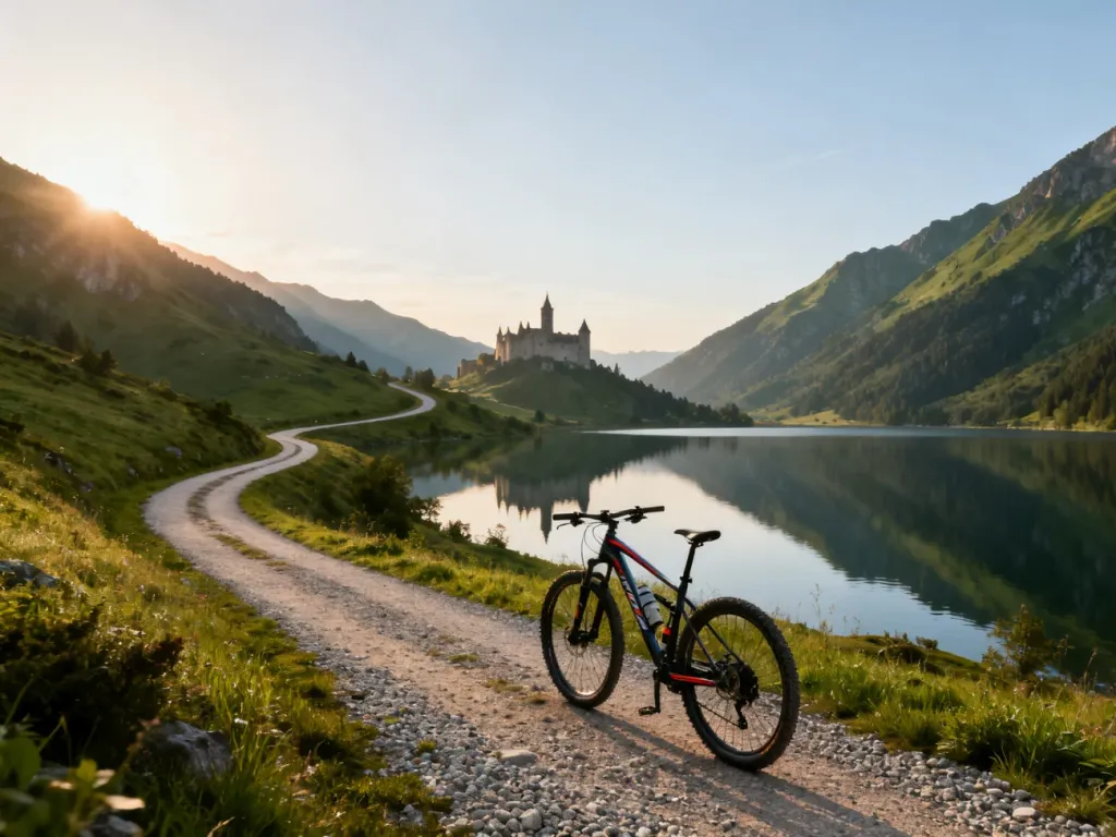 Górski krajobraz z rozwidlającymi się ścieżkami rowerowymi, jeziorem i zamkiem w tle, zachęcający do wyboru trasy rowerowej.