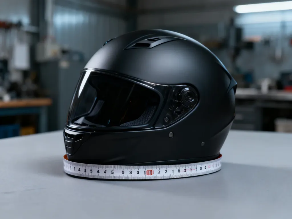 Matowy czarny kask motocyklowy z owiniętą wokół niego taśmą krawiecką, ilustrujący sposób pomiaru obwodu głowy.