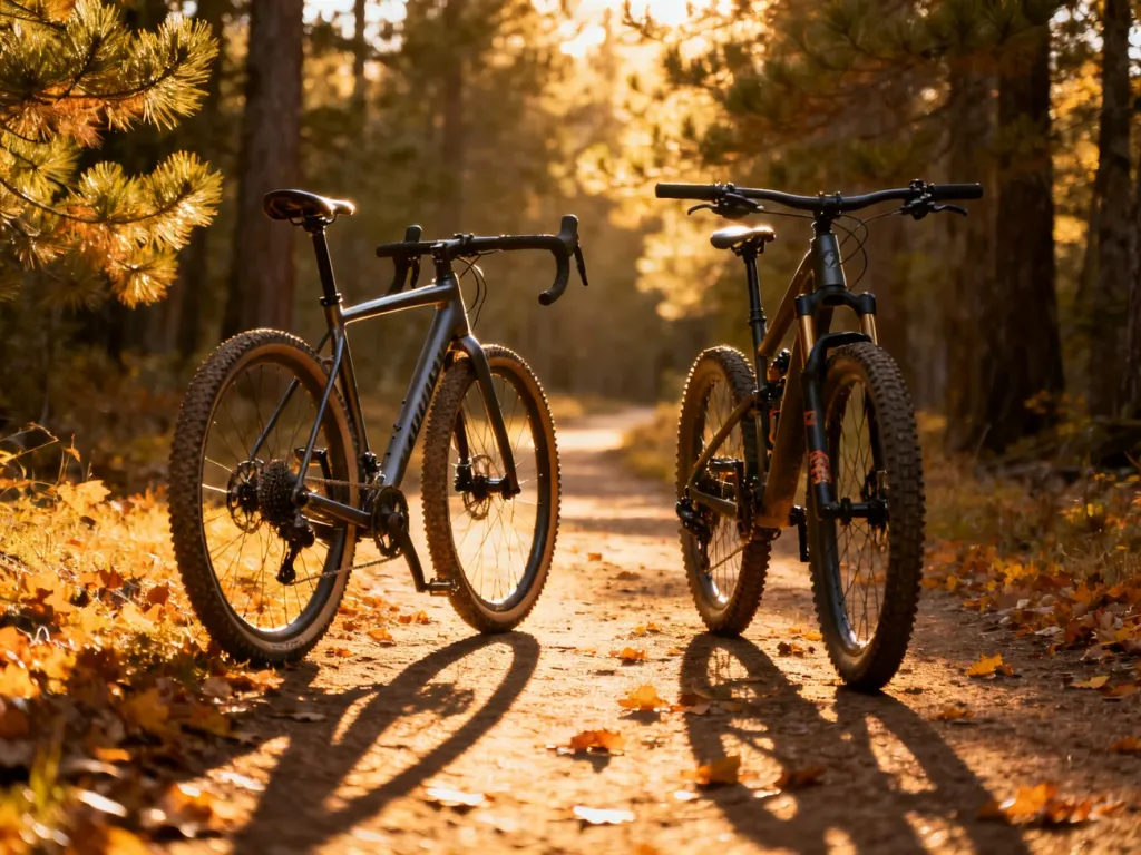 Rower gravel i górski stojące obok siebie na leśnej ścieżce w jesiennym słońcu. Porównanie dwóch typów rowerów w terenie.