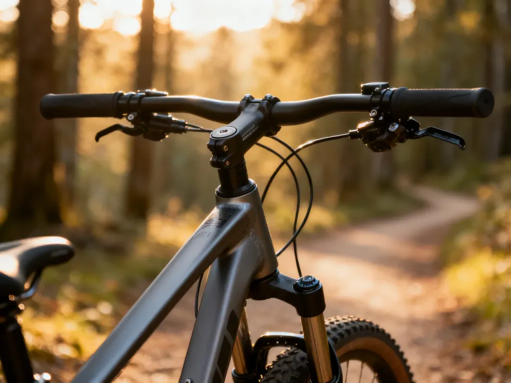 Zbliżenie na regulowany mostek, kierownicę i mechanizmy roweru trekkingowego na tle leśnej ścieżki w promieniach słońca.