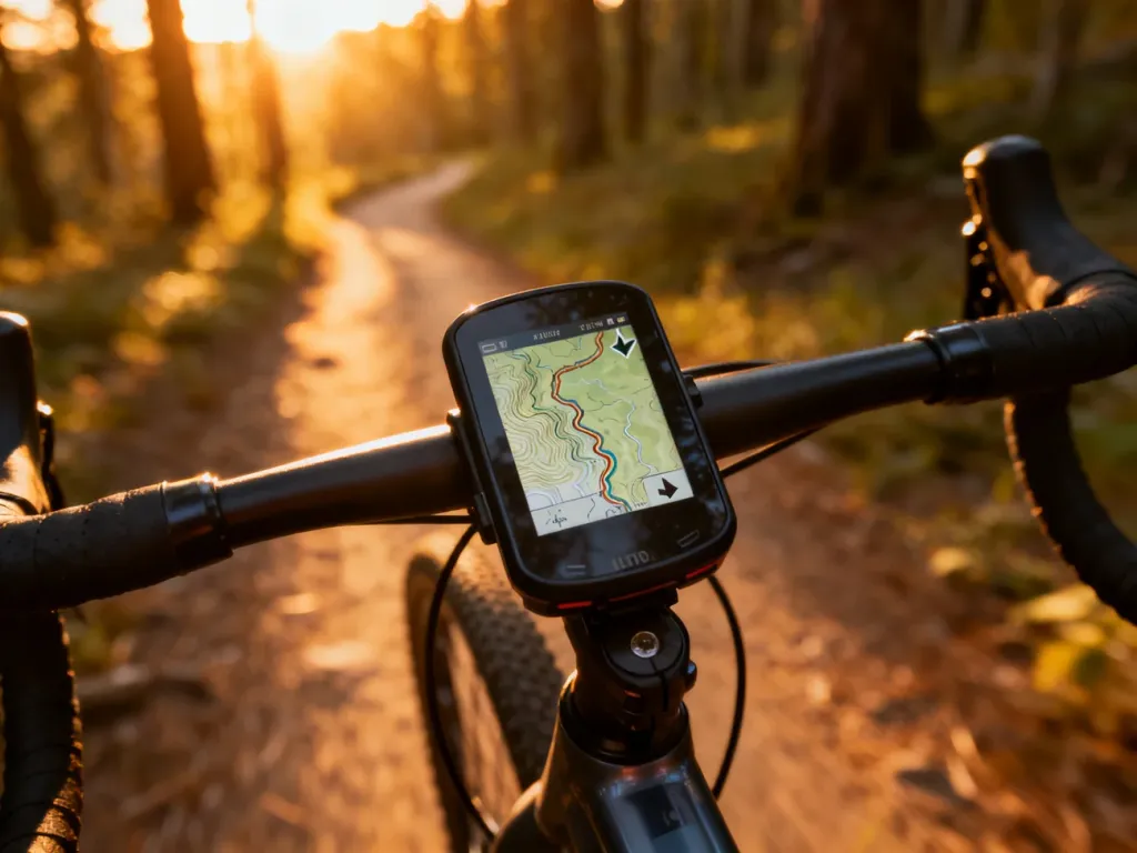Licznik rowerowy z włączoną mapą offline zamontowany na kierownicy roweru na tle leśnej ścieżki o zachodzie słońca.