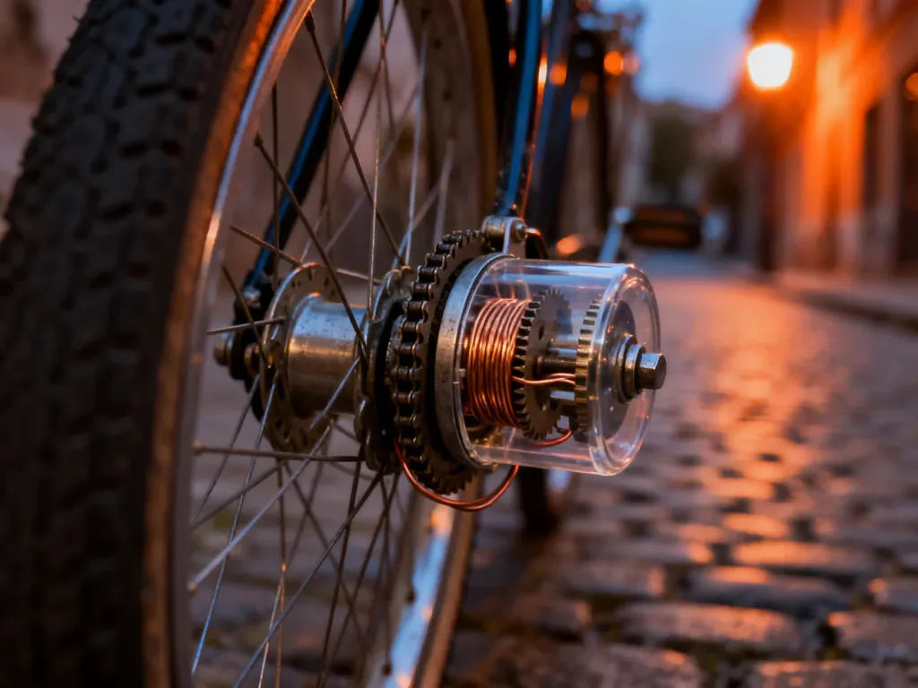 Zbliżenie na mechanizm klasycznego dynama rowerowego z widocznymi miedzianymi zwojami na tle wieczornej ulicy.