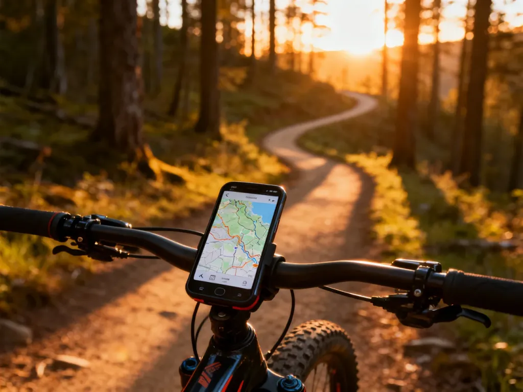 Smartfon z włączoną nawigacją rowerową zamontowany na kierownicy roweru górskiego na tle malowniczego leśnego szlaku.