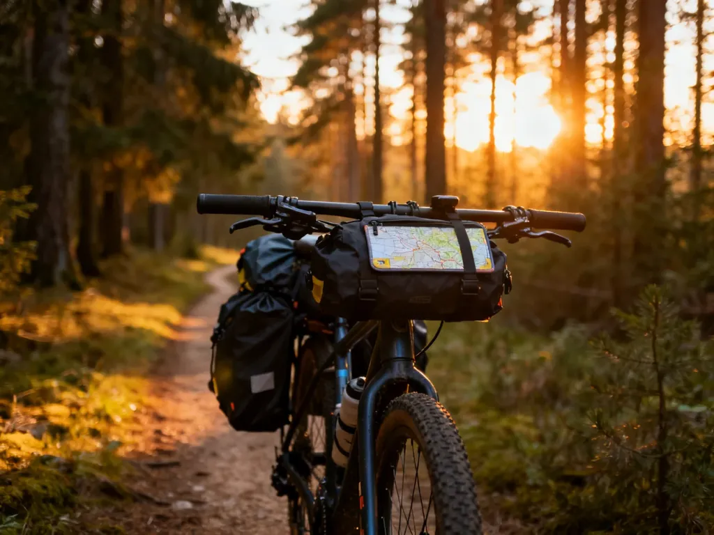 W pełni załadowany rower gravelowy na leśnej ścieżce w promieniach zachodzącego słońca, gotowy do wyprawy bikepackingowej.