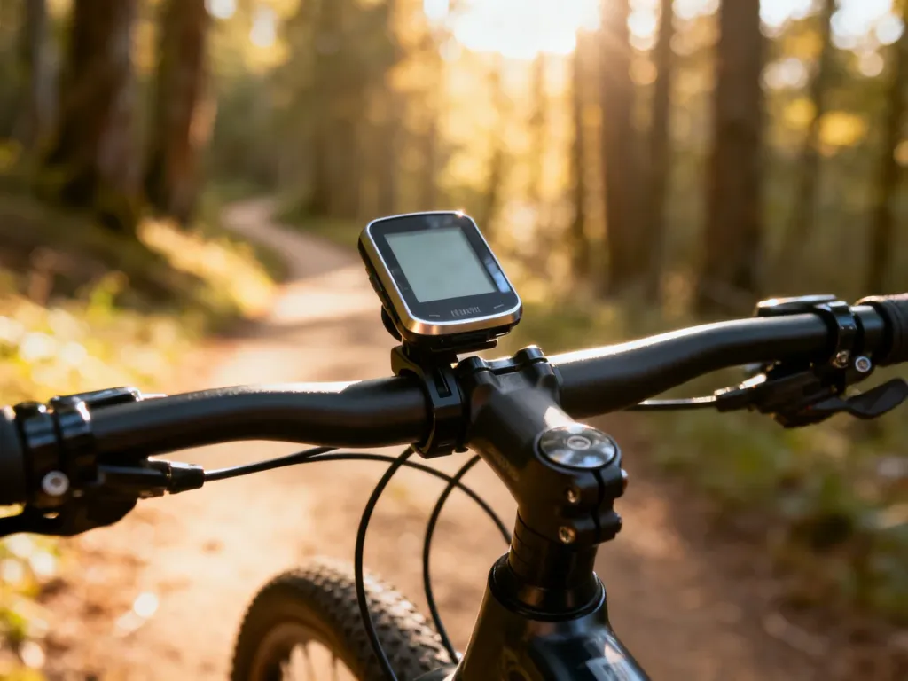 Nowoczesny licznik rowerowy z GPS zamontowany na kierownicy roweru na tle słonecznej leśnej ścieżki.