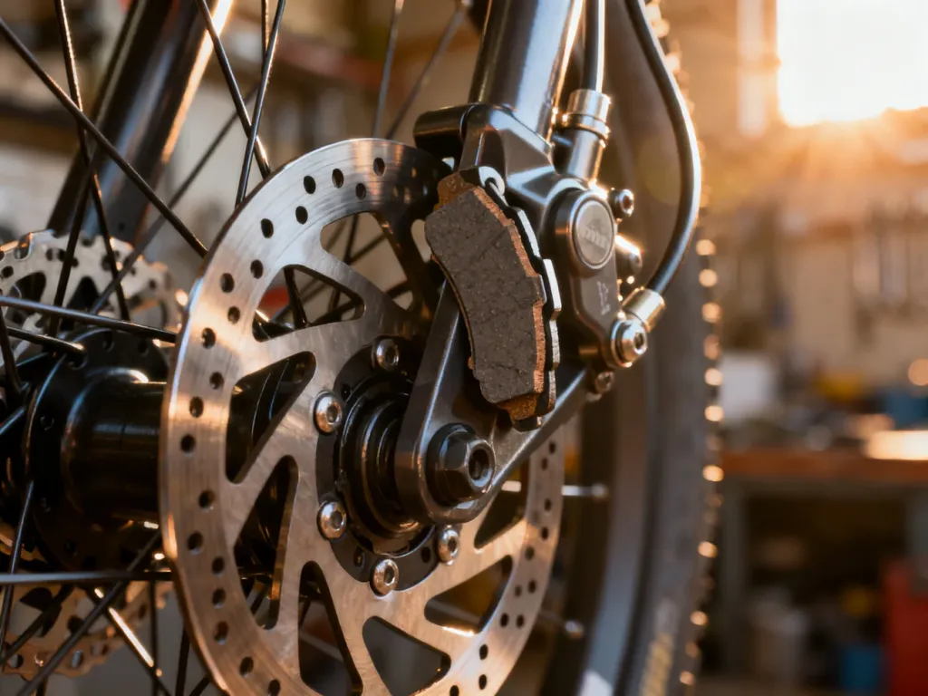 Zbliżenie na mechanizm hamulca tarczowego roweru z widocznymi klockami hamulcowymi i przewodami hydraulicznymi.