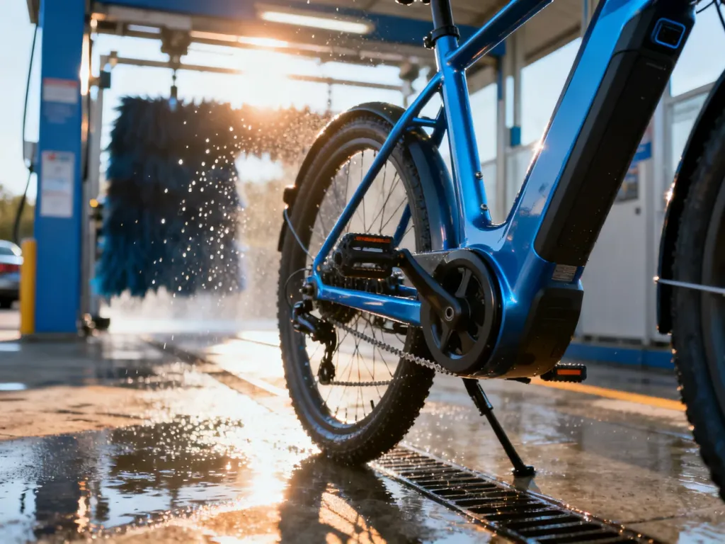 Czysty napęd roweru elektrycznego w świetle poranka na tle myjni samochodowej.