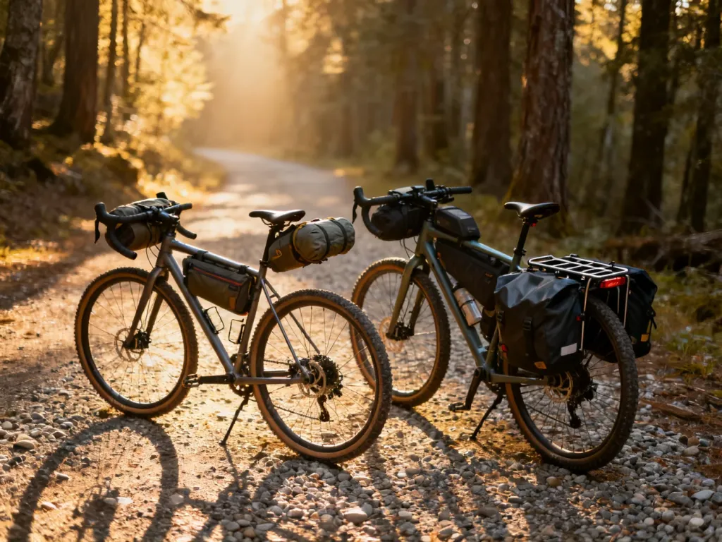 Porównanie roweru z torbami bikepackingowymi oraz roweru z klasycznymi sakwami na bagażniku na leśnej ścieżce.