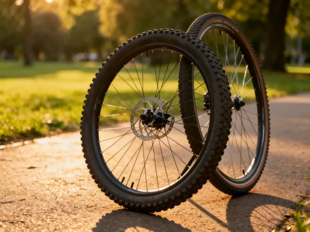 Porównanie rozmiarów kół rowerowych: 26-calowego z grubym bieżnikiem oraz 28-calowego z węższą oponą na parkowej ścieżce.