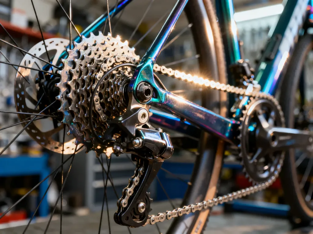 Zbliżenie na tylną przerzutkę i kasetę roweru, ukazujące precyzyjny mechanizm zmiany przełożeń w świetle poranka.