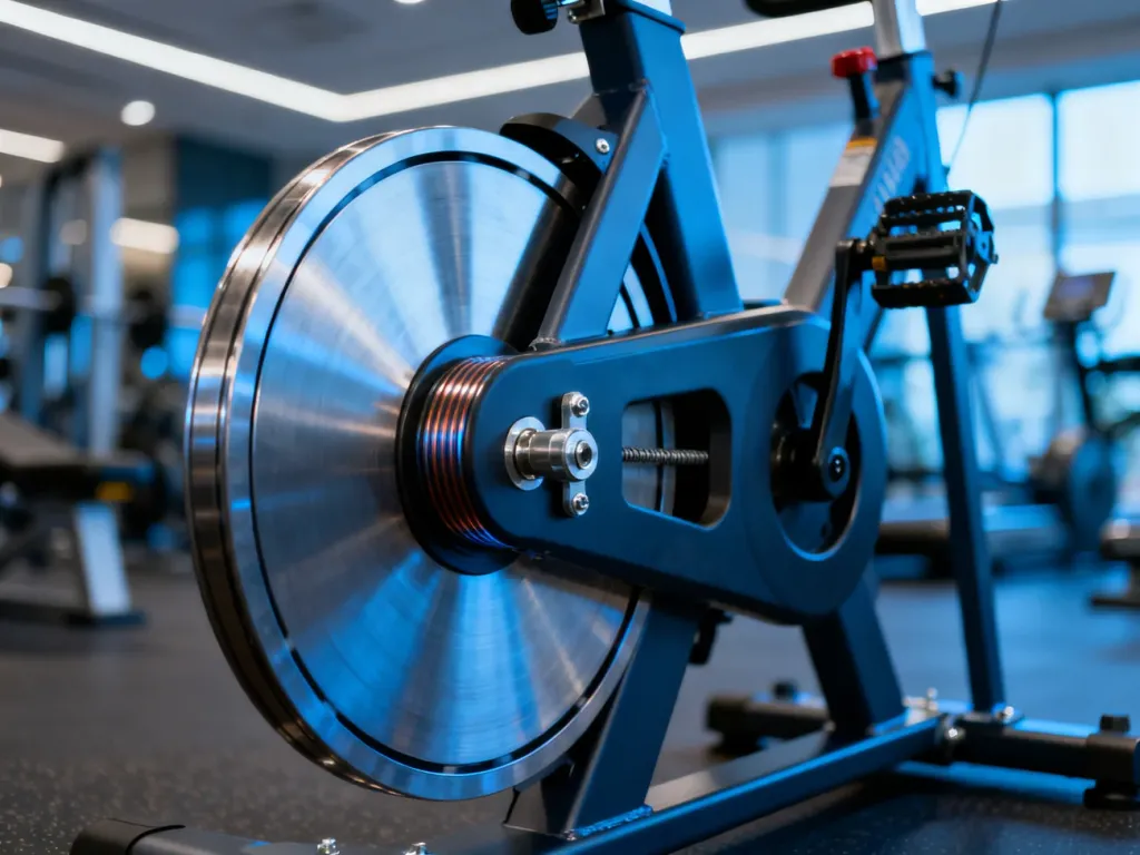 Zbliżenie na mechanizm magnetycznego oporu roweru stacjonarnego z widocznym kołem zamachowym i systemem regulacji napięcia.