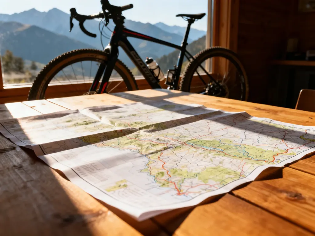 Szczegółowa mapa papierowa rozłożona na drewnianym stole obok roweru gravelowego, przygotowana do planowania wyprawy.
