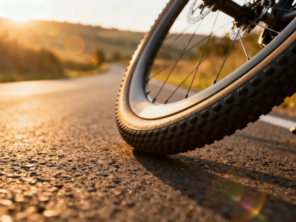 Zbliżenie na bieżnik szosowej opony rowerowej na asfalcie, podkreślające przyczepność i strukturę gumy.