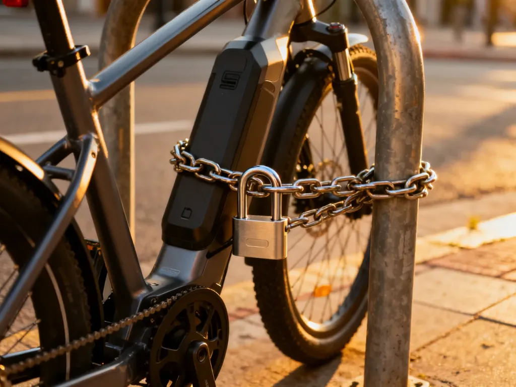 Nowoczesny rower elektryczny przypięty solidnym zapięciem typu U-lock do stojaka rowerowego na miejskiej ulicy.