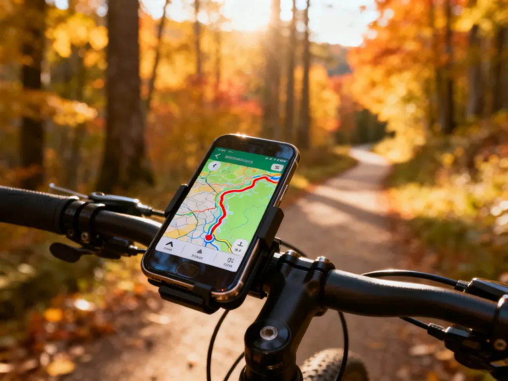 Smartfon z włączoną nawigacją rowerową zamontowany na kierownicy roweru na tle jesiennej leśnej ścieżki.