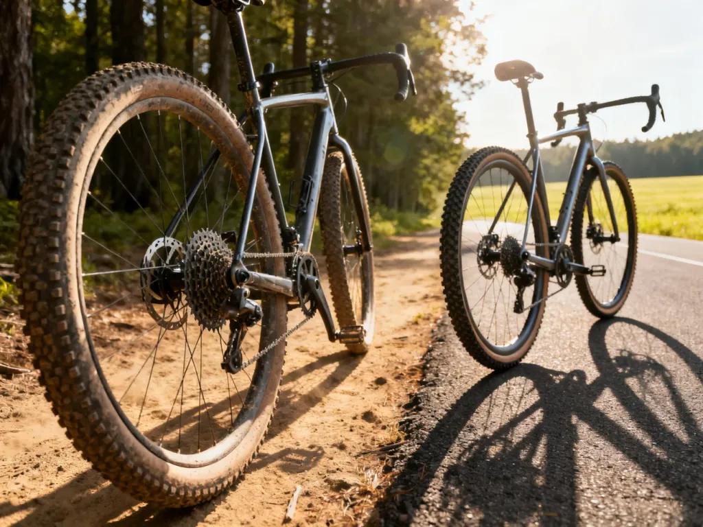 Porównanie roweru gravelowego z oponami terenowymi oraz roweru crossowego na nawierzchni asfaltowej w słoneczny dzień.
