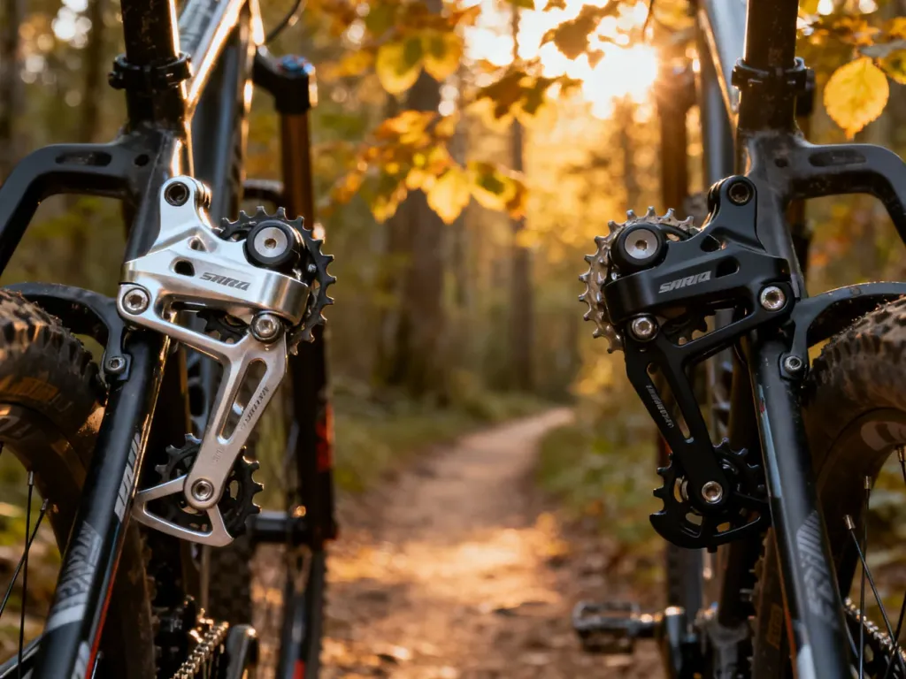 Porównanie mechanizmów przerzutek Shimano i SRAM zamontowanych na ramach rowerów górskich w leśnej scenerii.