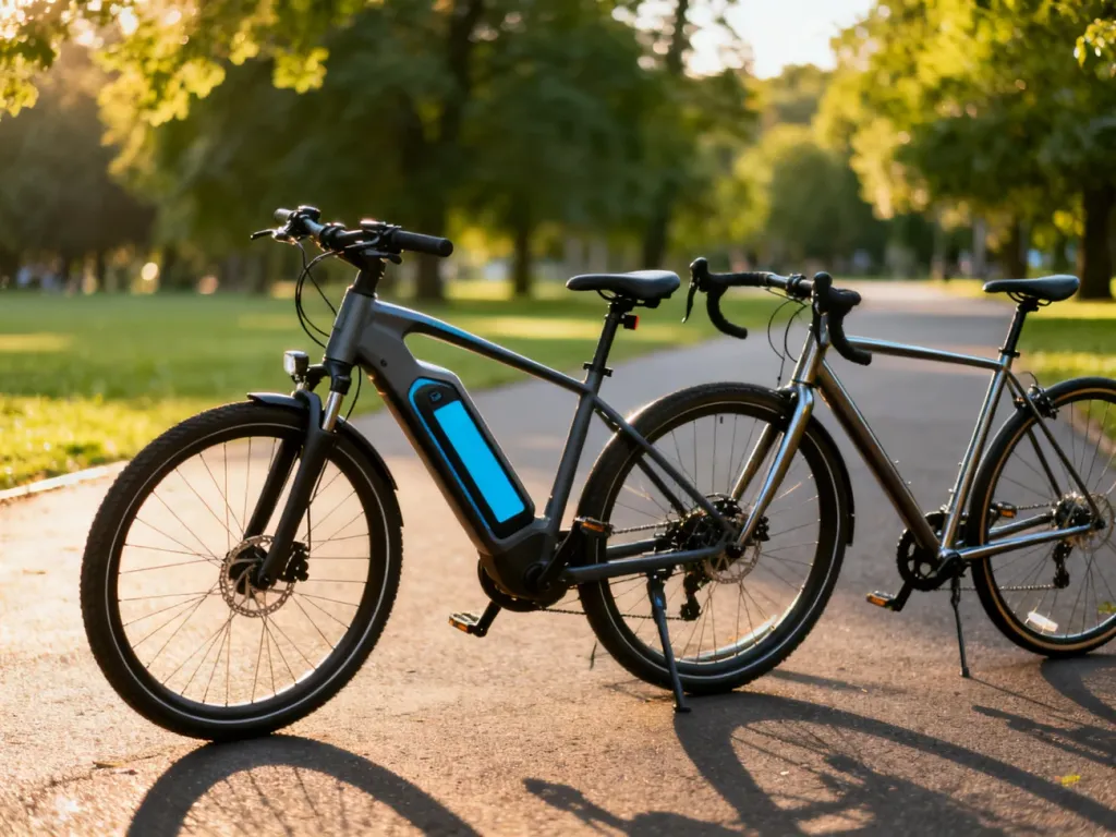 Nowoczesny rower elektryczny z widoczną baterią obok klasycznego roweru na parkowej ścieżce.