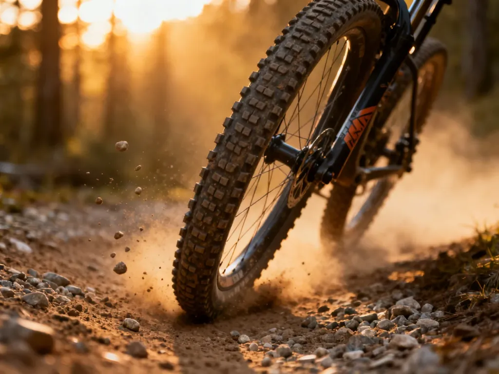 Opona roweru górskiego wchodząca w ostry zakręt na szutrowej ścieżce, obrazująca technikę pokonywania zakrętów.